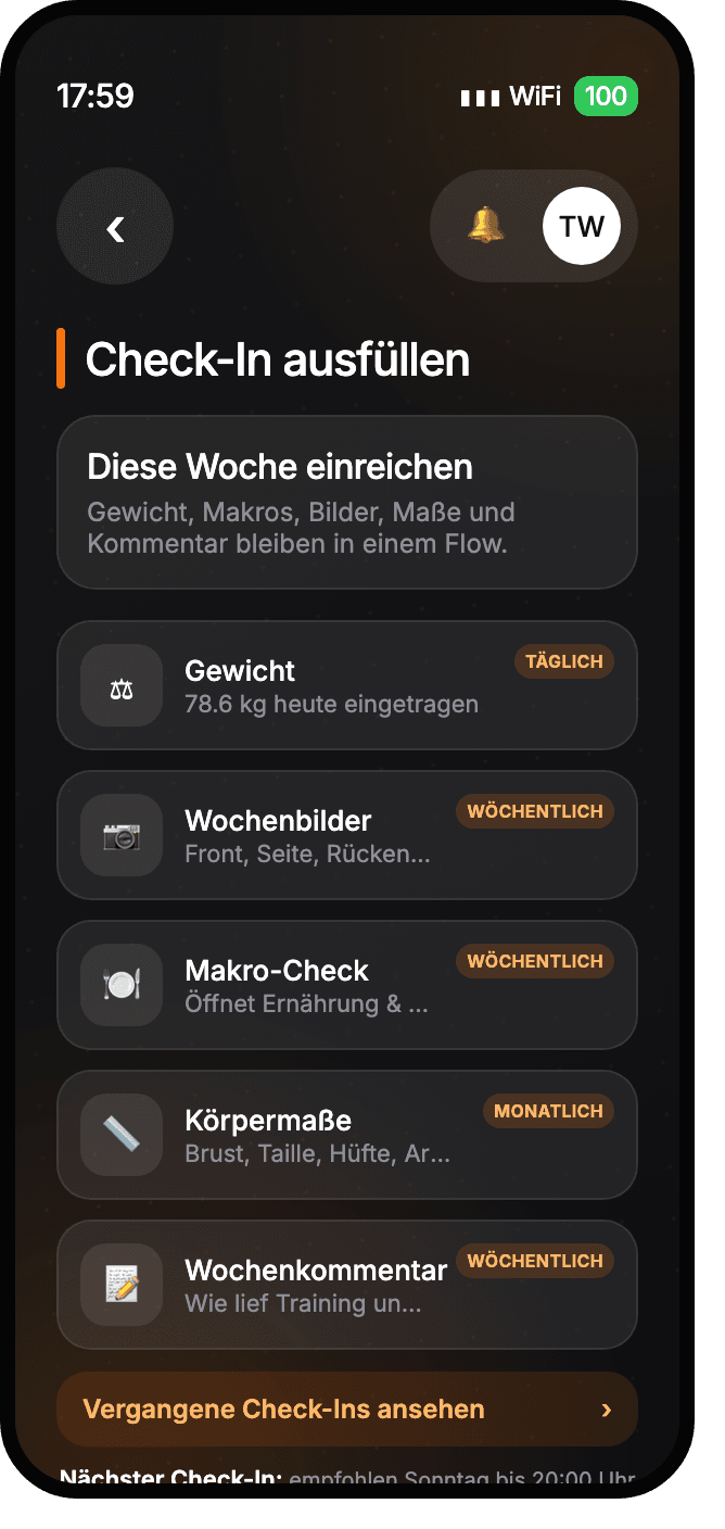 Check-in-Formular in der FITCOSI App