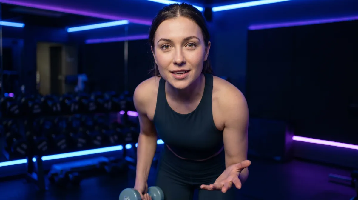 Online-Fitness-Coach demonstriert eine Kurzhantel-Übung im Studio — Beispiel für Fitness Coach Suite-Kursinhalt