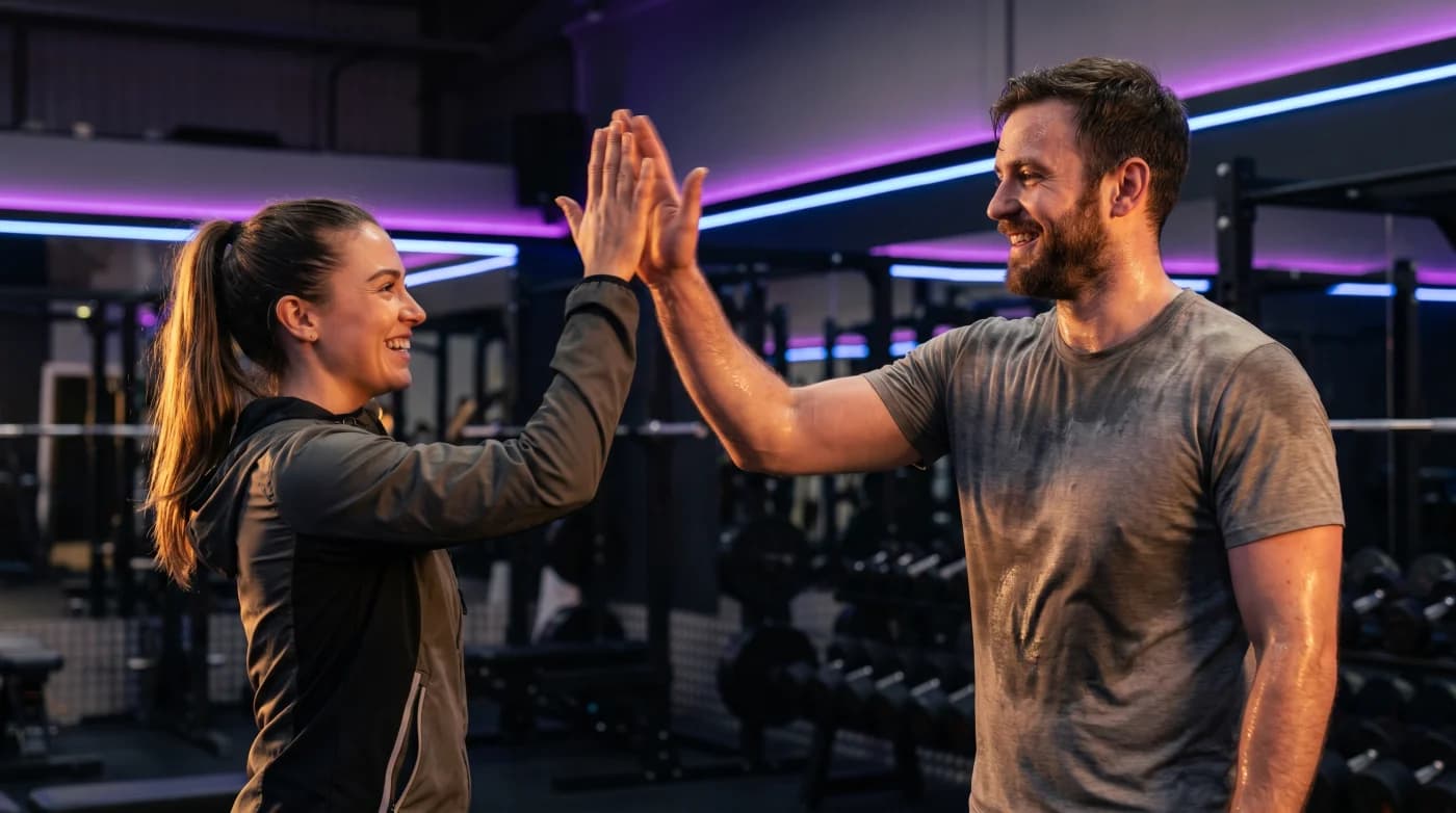Coach gibt Mitglied ein authentisches High-Five im Studio — der echte Community-Moment, der über die Plattform Wirkung zeigt.