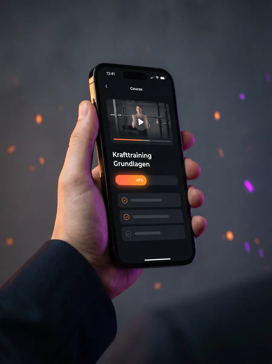 iPhone in einer Hand zeigt die Fitness Coach Suite-Mitglieder-App im Dark-Mode mit Kursfortschritt und Lektionsliste — komplett auf eigene Domain und Branding angepasst.