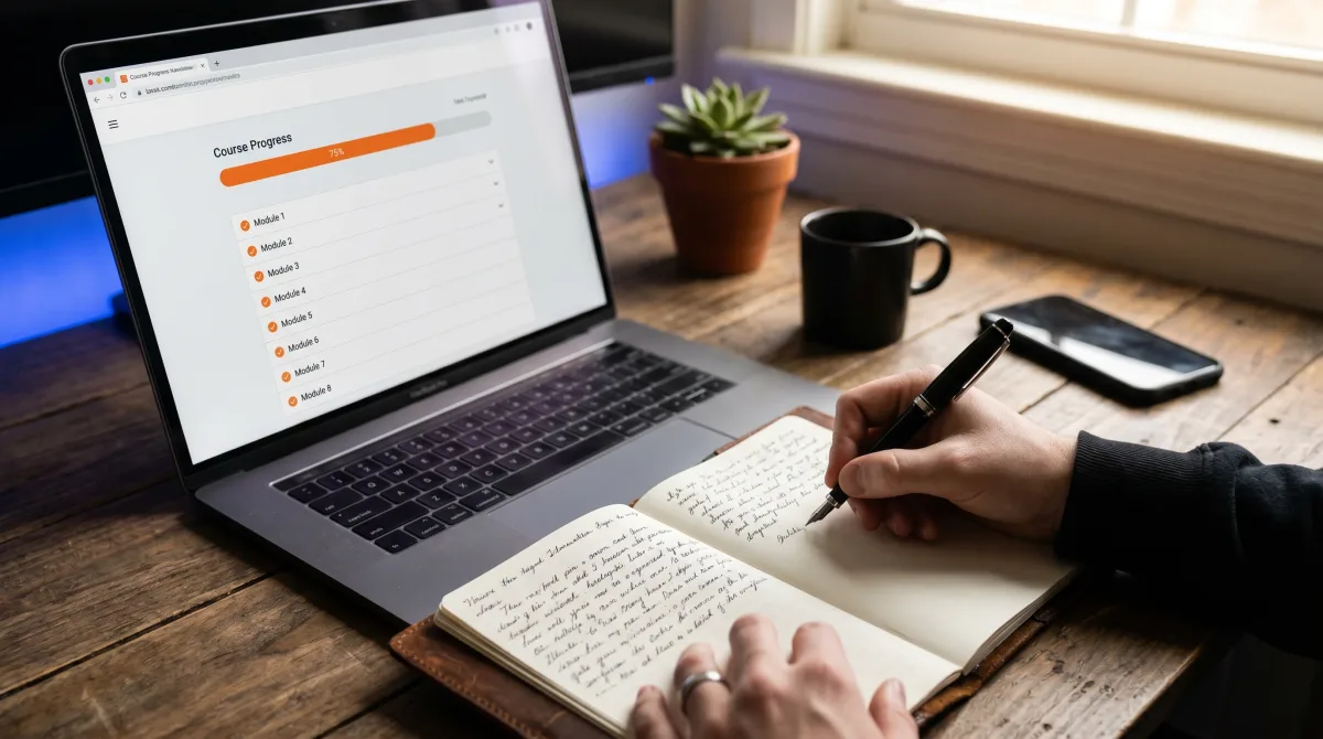 Mitglied schreibt handschriftliche Notizen neben einem Laptop, der einen Video-Kurs mit Modulen und Fortschrittsanzeige zeigt.