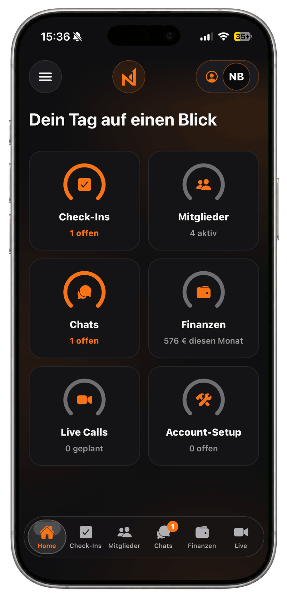 FCS Coach App: Übersicht mit offenen Check-Ins, Chats, Mitgliedern und dem Umsatz des Monats