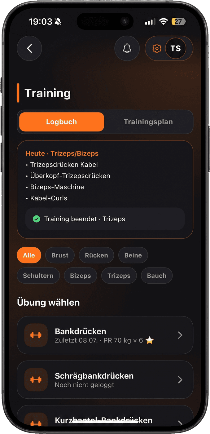 Workout-Logbuch mit Sätzen und Rekorden in der FITCOSI App