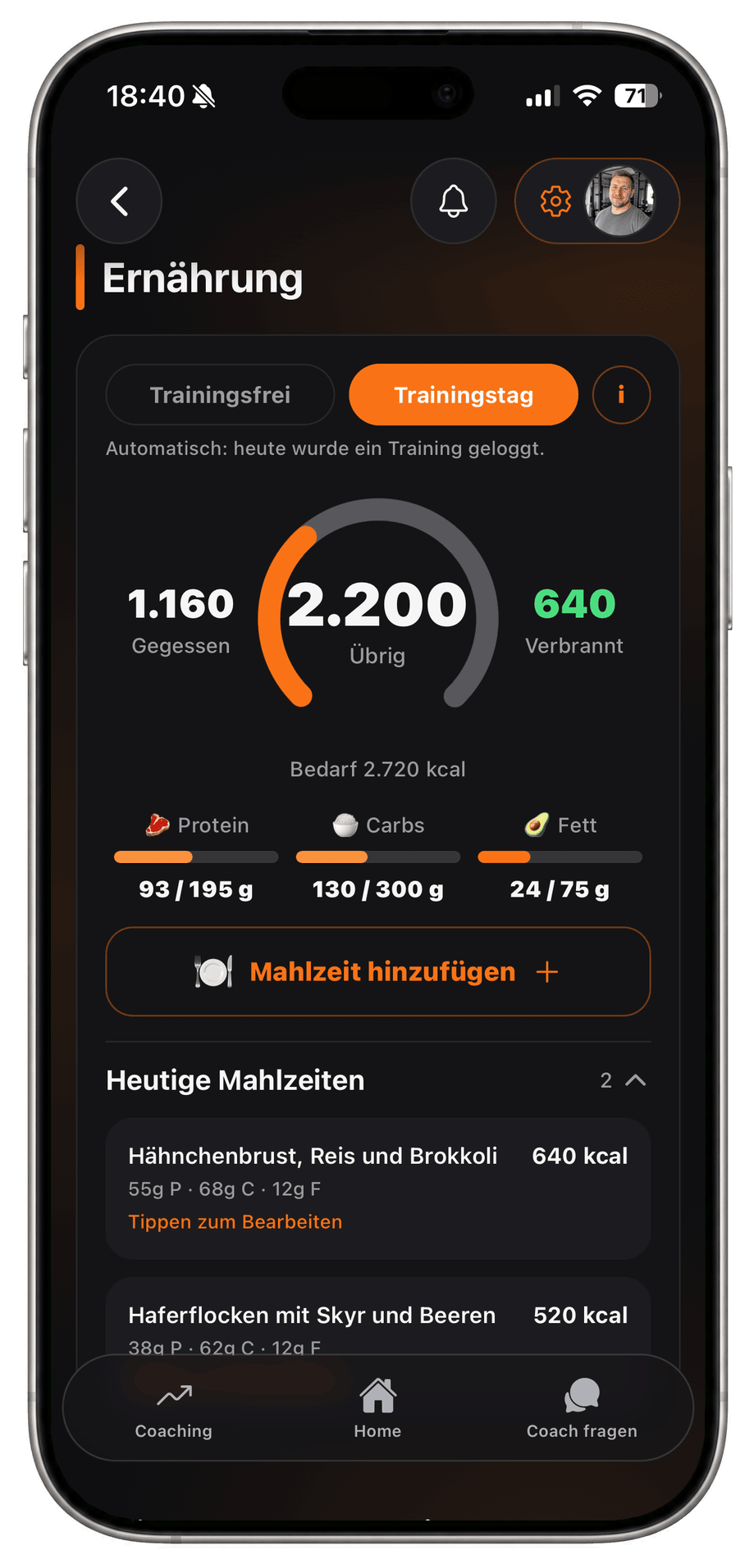 Ernährungsansicht der Mitglieder-App mit Kalorienring, Makros und den heutigen Mahlzeiten