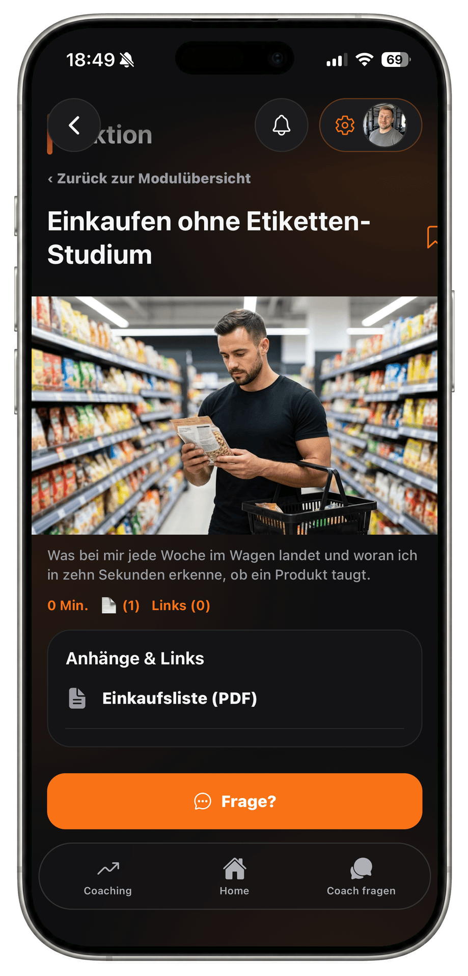 Athleten-App: Lektion aus Bild und Text mit angehängtem PDF, ganz ohne Video