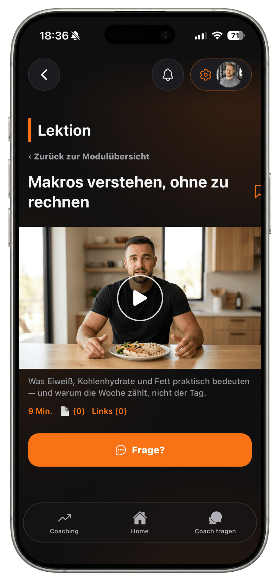 Athleten-App: Video-Lektion des Coaches mit Beschreibung und Rückfrage-Knopf