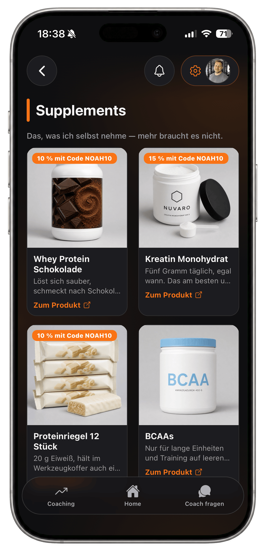 Athleten-App: die geöffnete Kategorie Supplements mit vier Produkten, Rabattcode-Kennzeichnung und Link zum Produkt