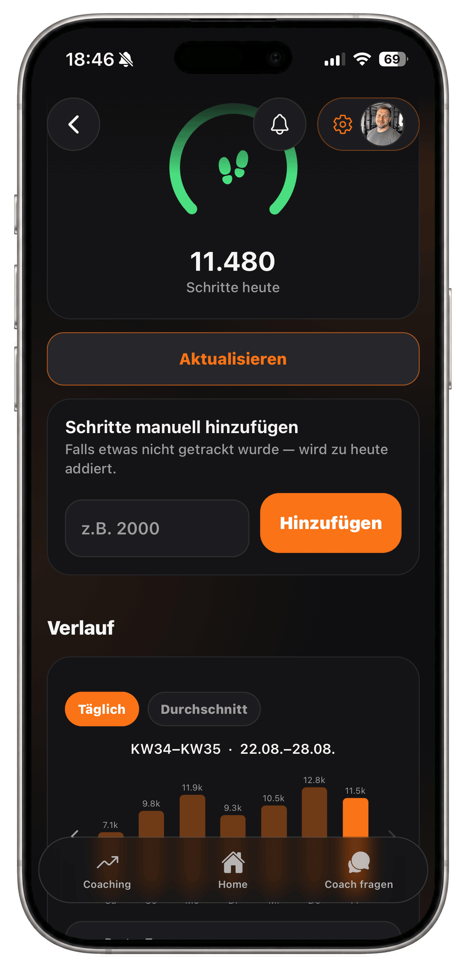 Schrittzähler der Mitglieder-App mit dem Tagesziel des Coaches