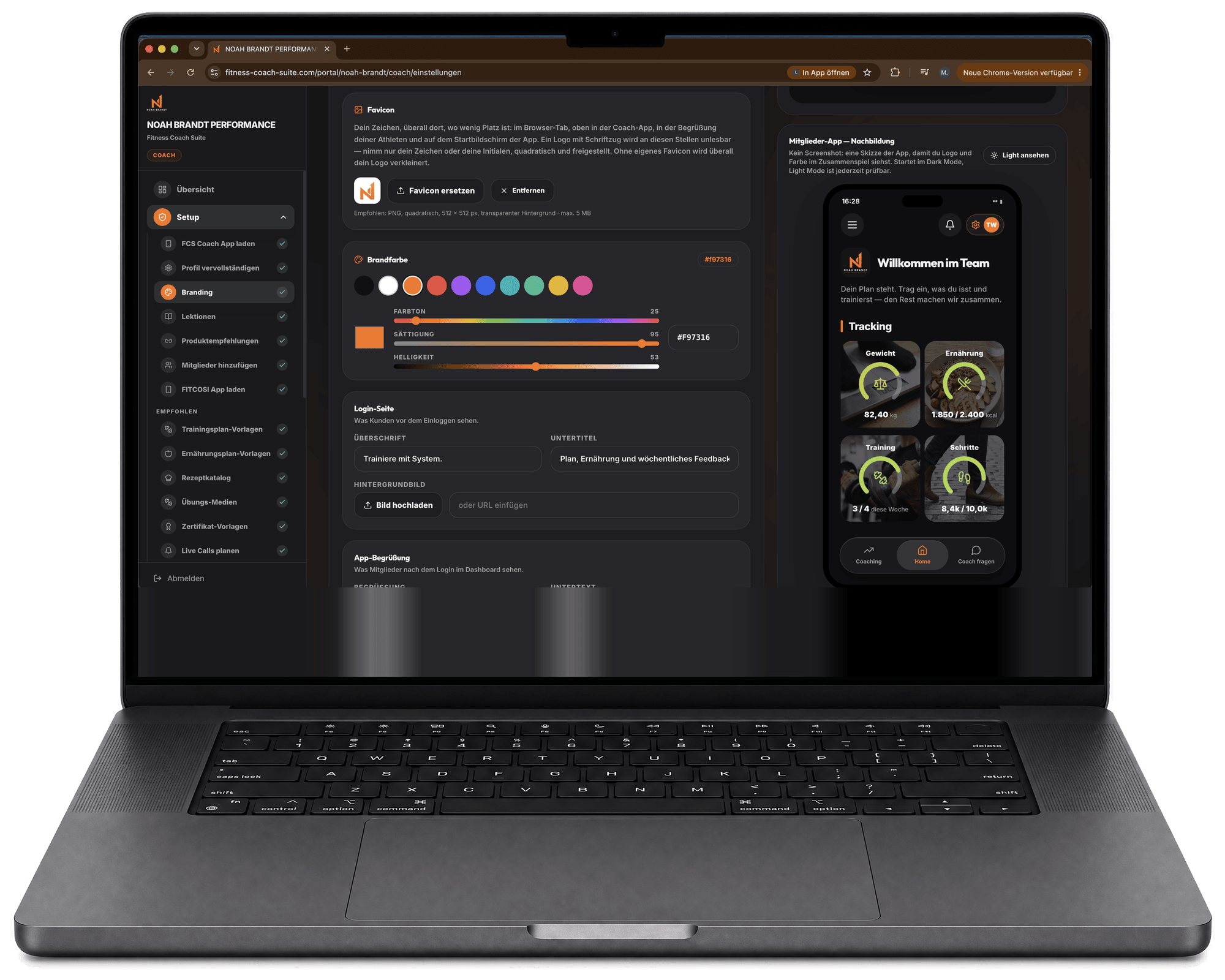 Coach-Portal: die Setup-Liste mit den sieben Schritten, daneben Branding mit Logo, Farbe und der Vorschau der Login-Seite