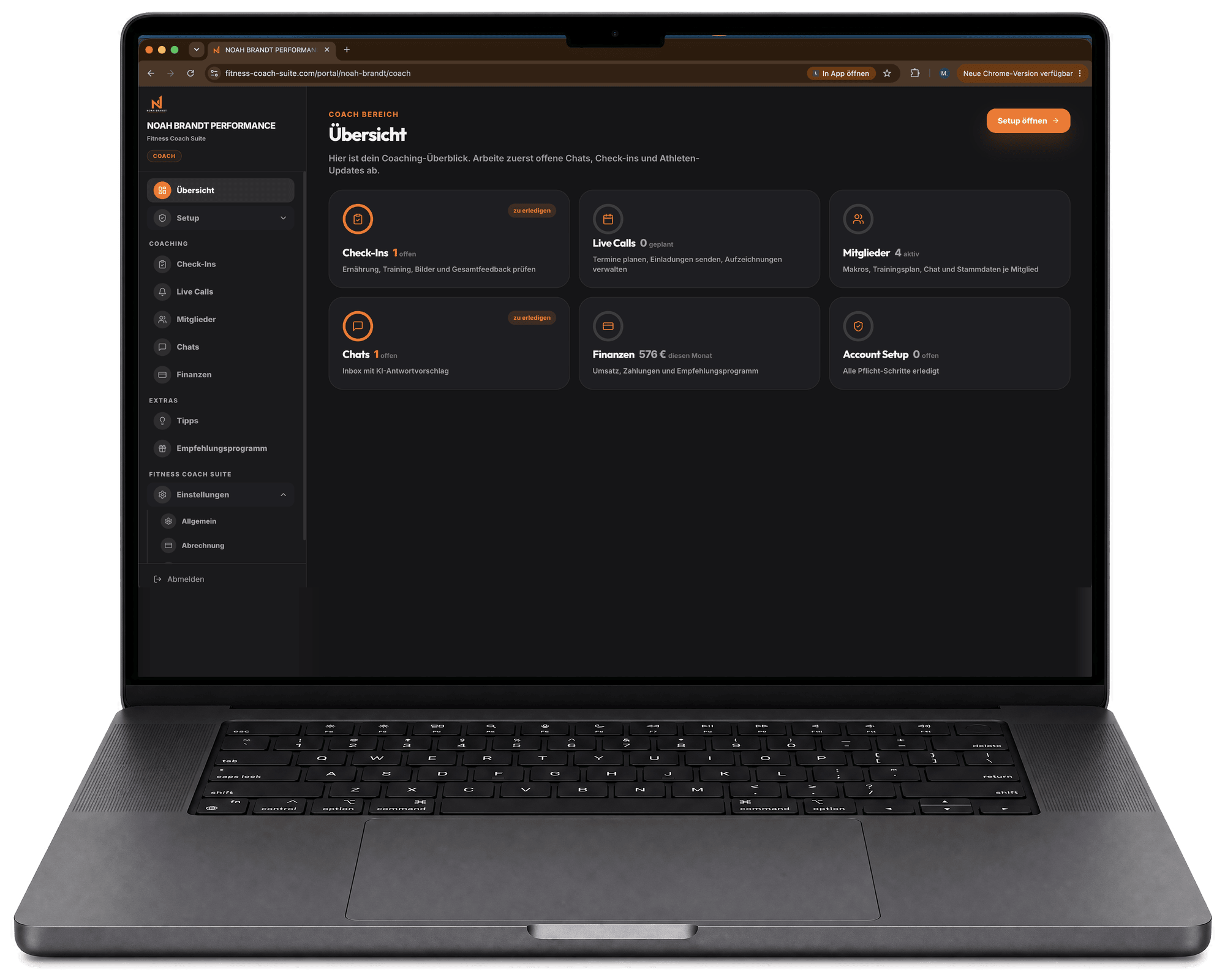 Coach-Portal im Browser: Übersicht mit offenen Check-Ins, geplanten Live Calls, aktiven Mitgliedern, ungelesenen Chats und dem Umsatz des Monats