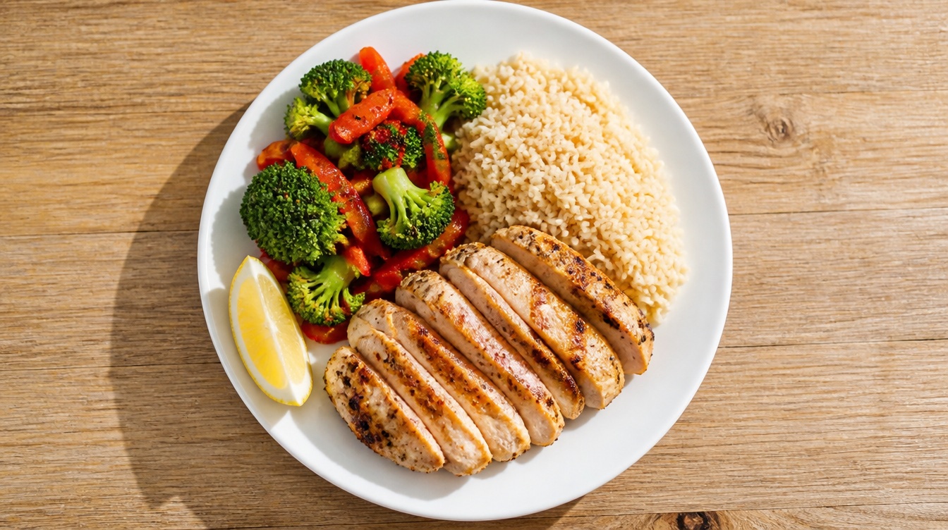 Teller mit Hähnchen, Reis, Brokkoli und Paprika, von oben fotografiert
